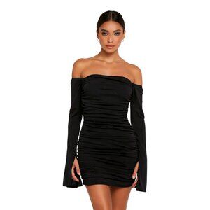 Black Sparkle Ruched Off-Shoulder Mini Dress – Flare Sleeve, S